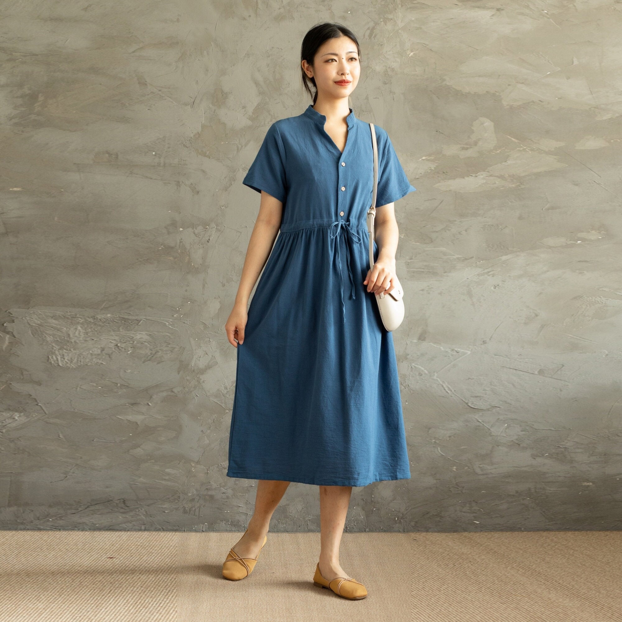 Summer Cotton Dress Tunics Short Sleeves V-neck Shirt