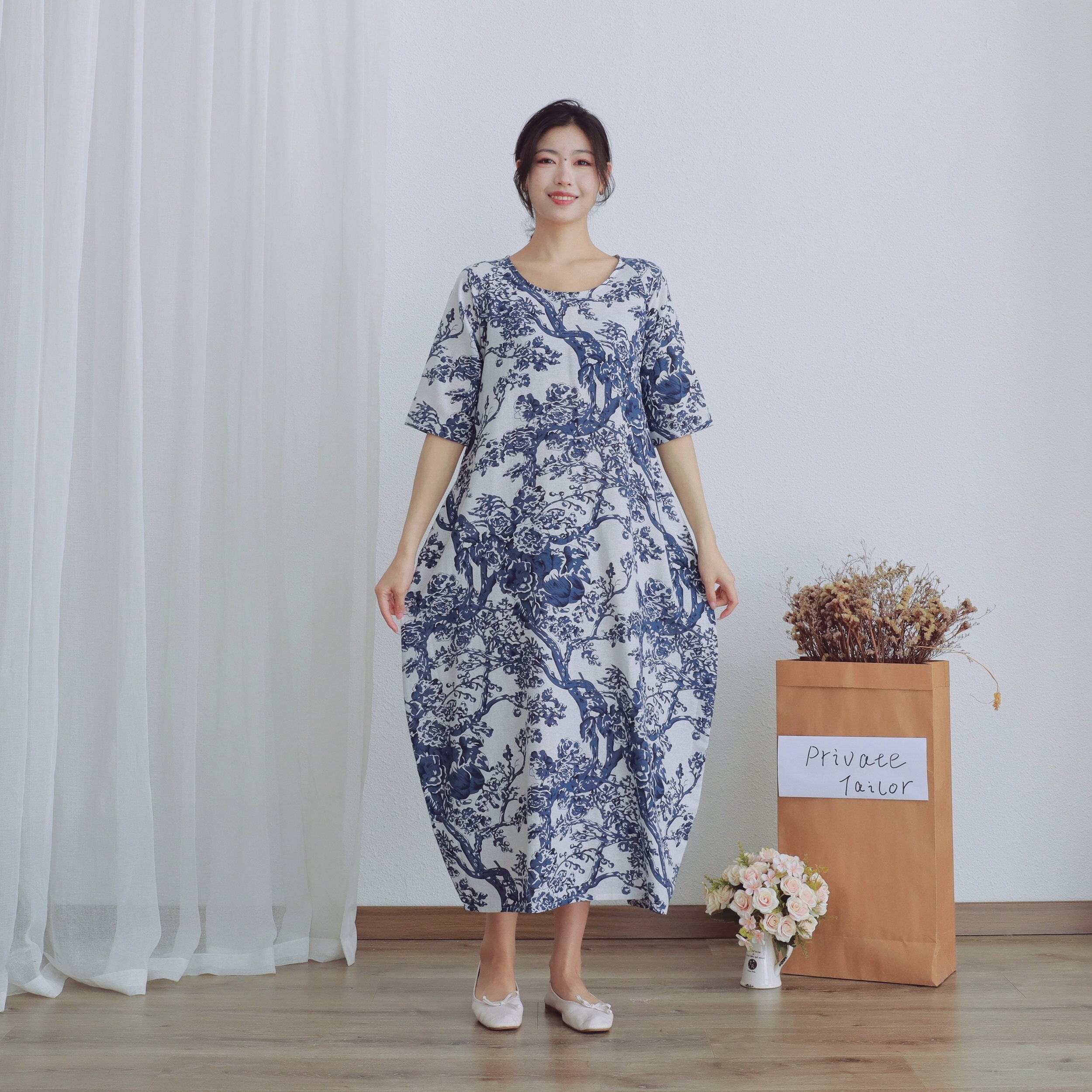 Robes Half Sleeves Shift Dress Boho Midi Dresses