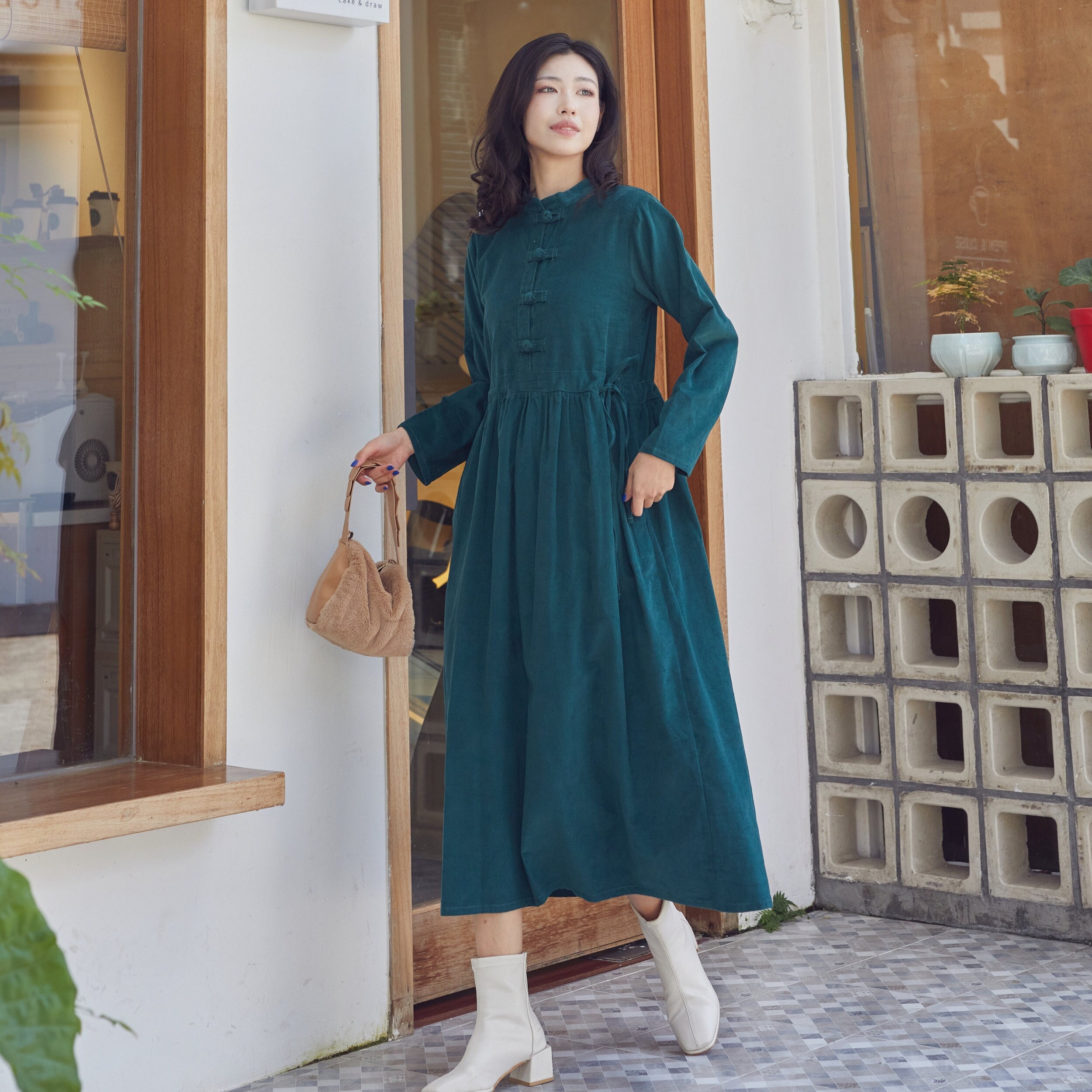 Winter/Fall Cotton Corduroy Dress Long Sleeves Tunics Dress