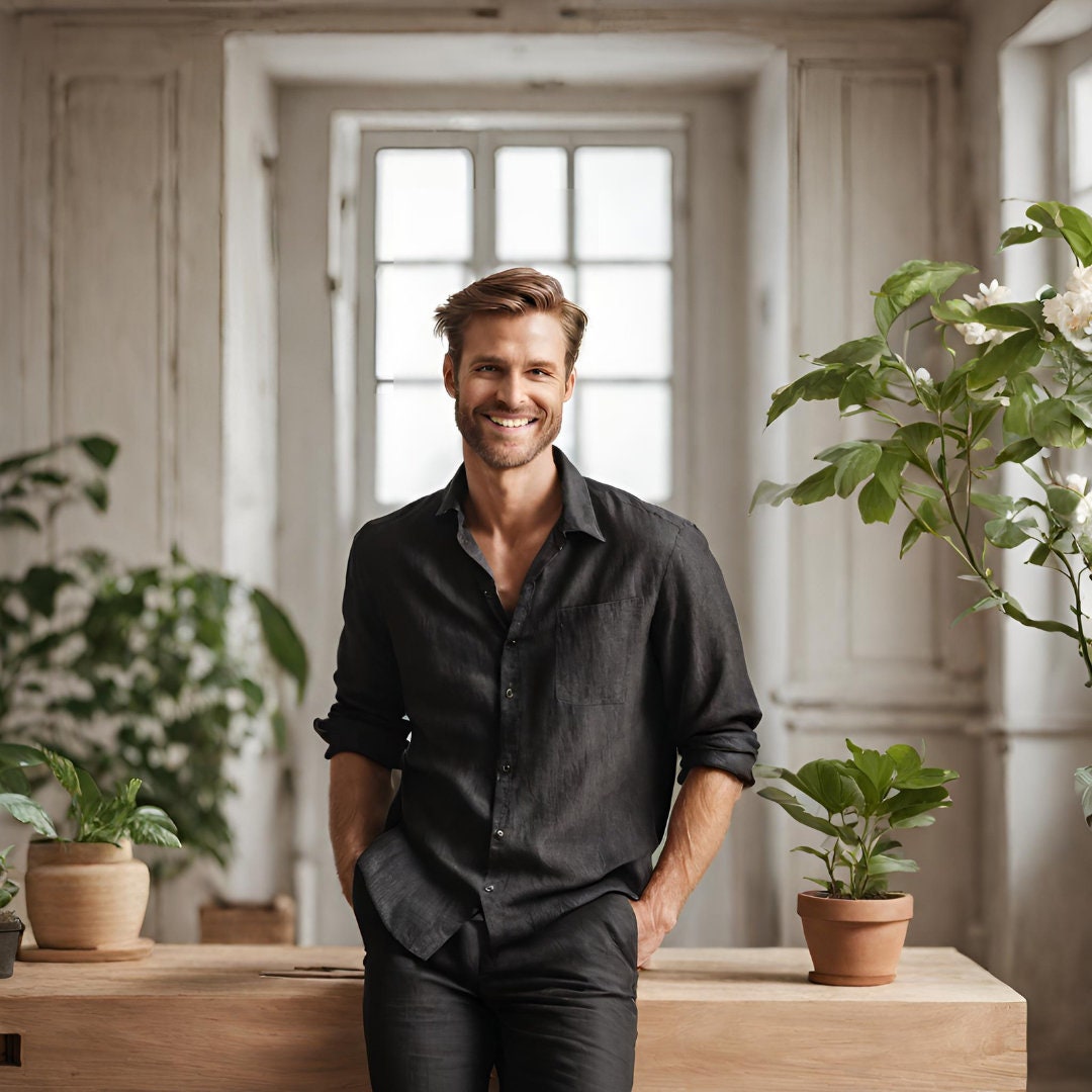 Black linen shirt for men
