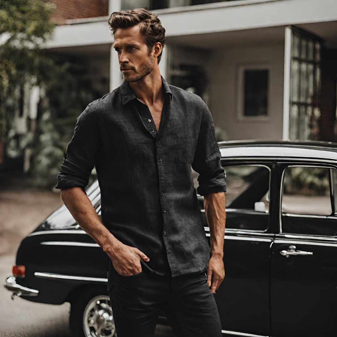 Black linen shirt for men - Image 7