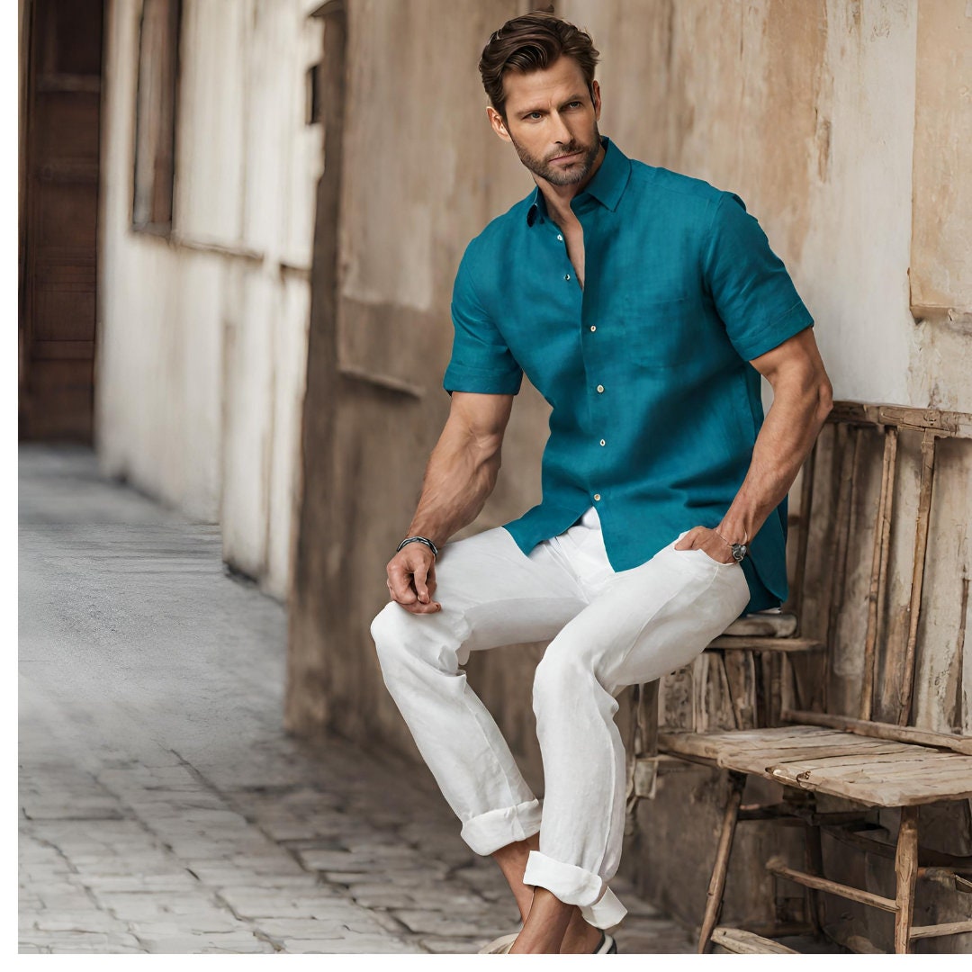 Men's Teal Linen Shirt