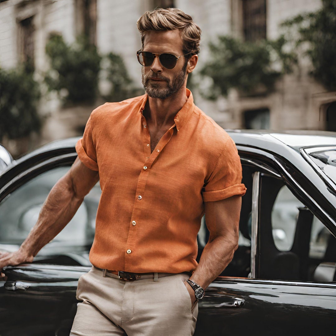 Orange short sleeve classic men's shirt of linen fabric