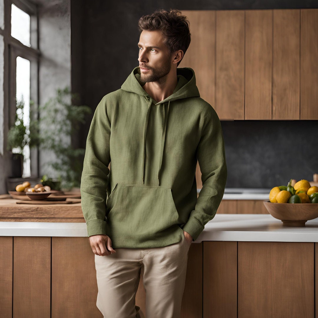 Green linen hoodie mens
