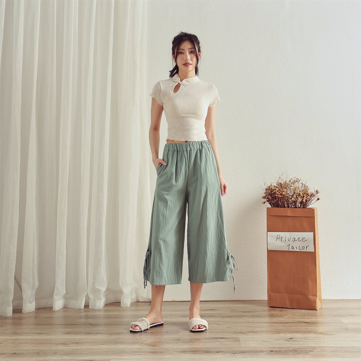 Summer Cropped Elastic Waist Cotton Pants
