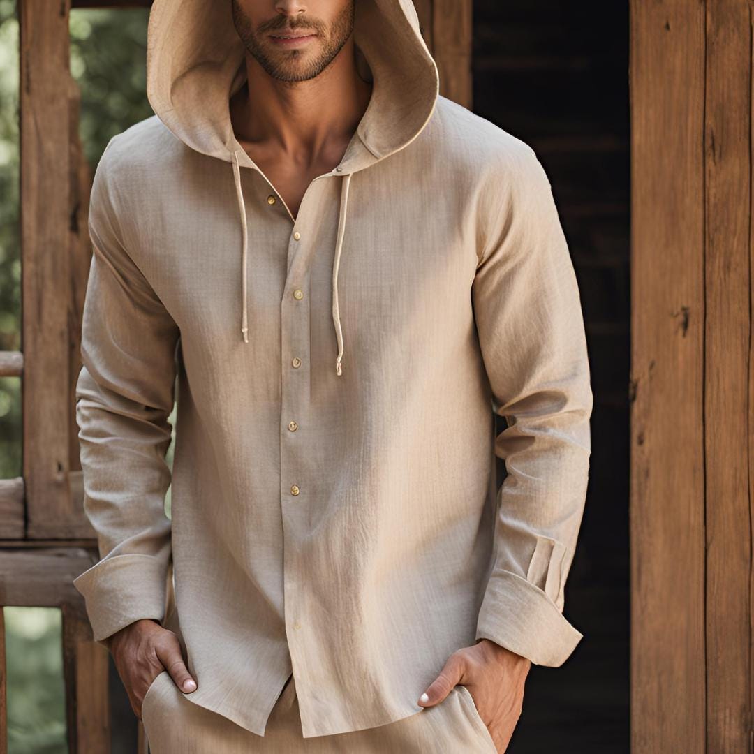 Beige linen shirt with a hood